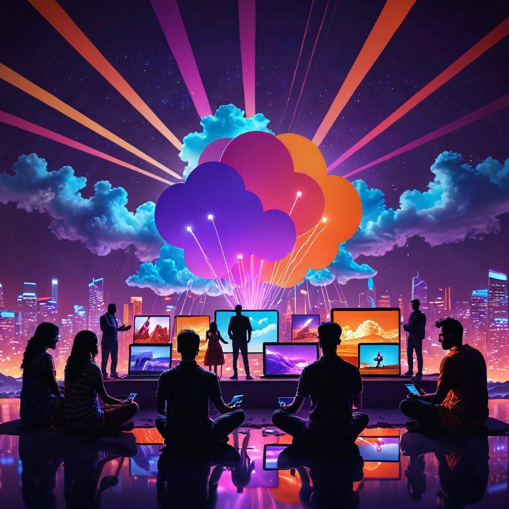 A vibrant digital landscape illustrating the fusion of streaming and sharing platforms, featuring diverse silhouettes of people engaging with Indian adult entertainment content on various devices. Include iconic elements like film reels, a glowing digital cloud, and symbols of connectivity. The scene should radiate an atmosphere of excitement and exploration, with bright colors depicting the dynamic nature of online content. super-realistic. vibrant colors. 3D.
