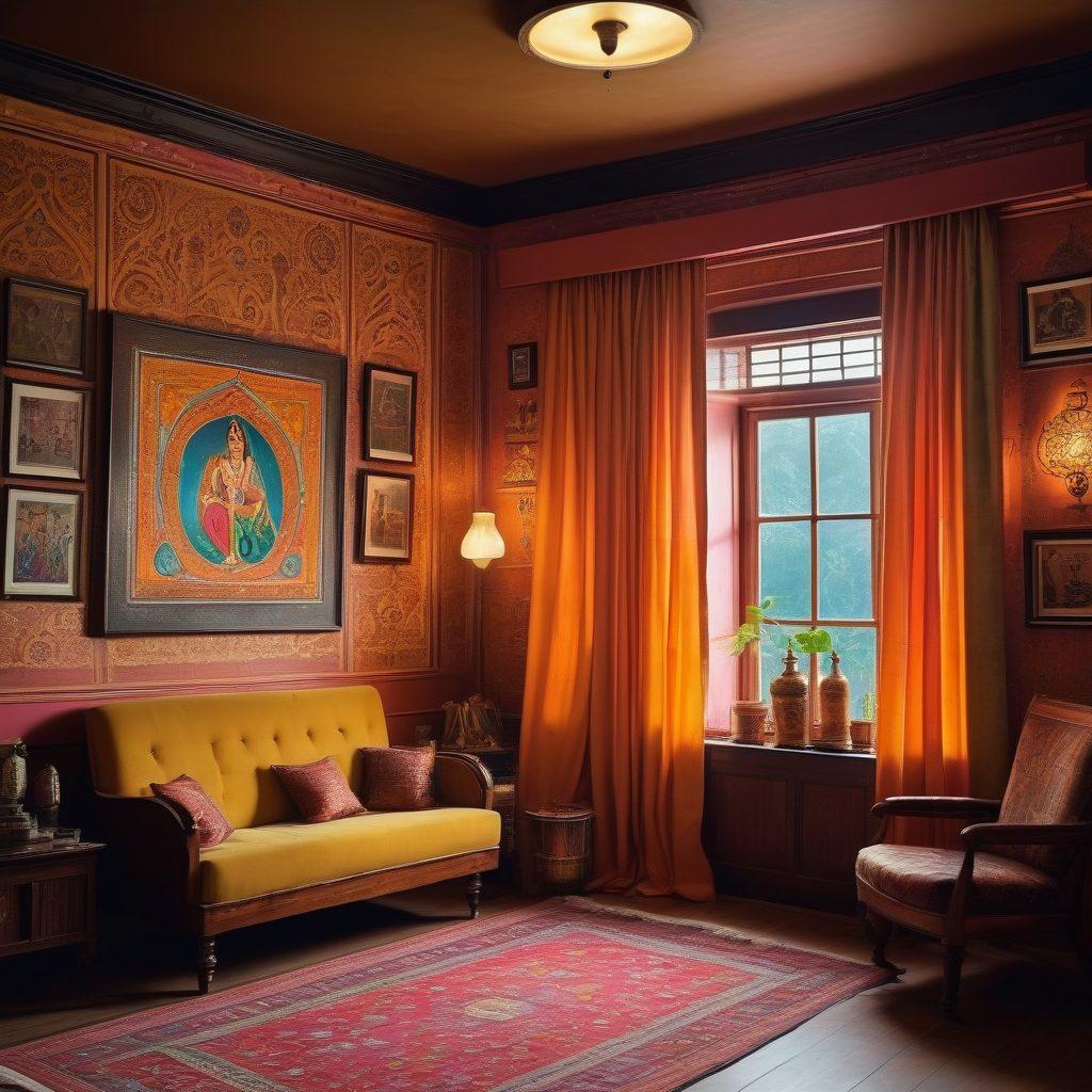 A captivating scene of vintage Indian cinema with a film projector casting colorful light across a nostalgic room filled with classic posters of erotic films. Include subtle symbols of sensuality like silk curtains and soft lighting, evoking intrigue and allure. In the background, showcase glimpses of traditional Indian motifs and adult art, blending culture and sensuality. The overall atmosphere should feel nostalgic yet modern, inviting curiosity. vibrant colors. super-realistic.